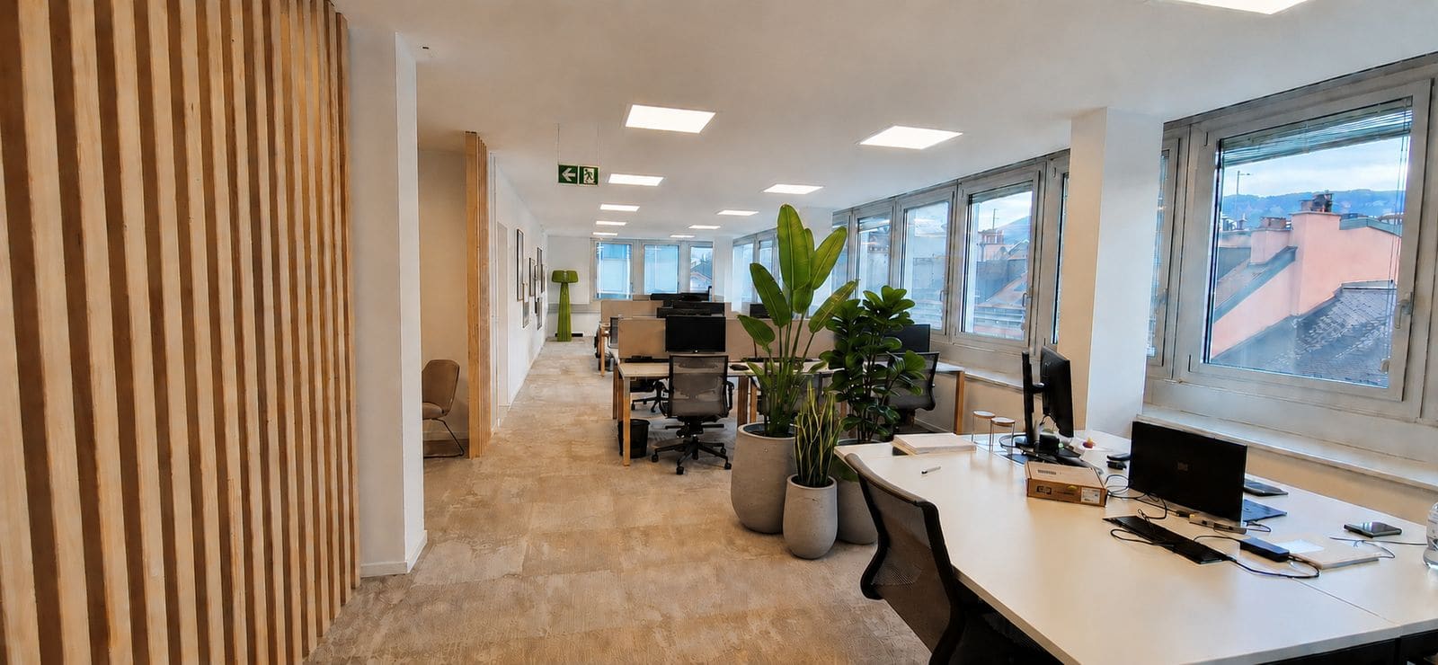 Open space panoramique — postes de travail, lames de bois, plantes, lumière naturelle, Bd Helvétique Genève 2023