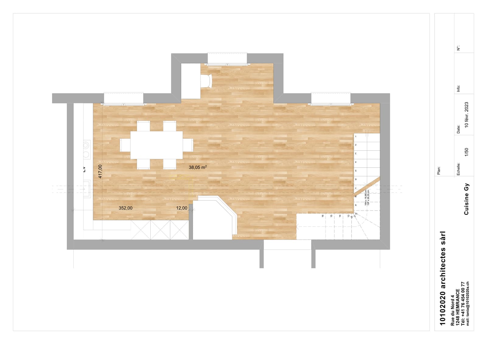 Plan d'implantation cuisine coté 1/50 — 10102020 Architectes, appartement rive gauche Genève 2023