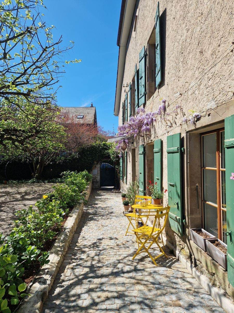 Cour extérieure pavée — glycine, volets verts, table jaune