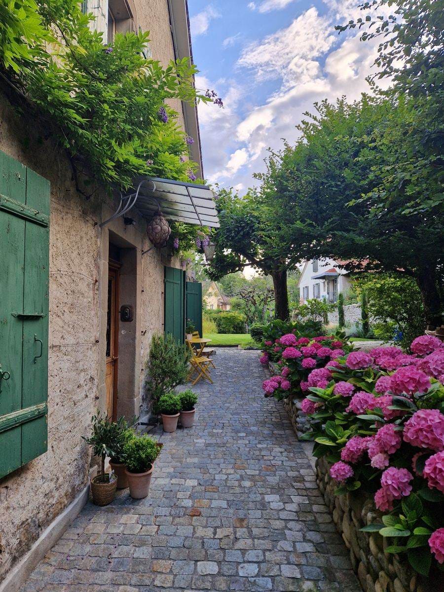 Allée pavée — hortensias roses, glycine, volets verts